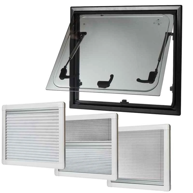 Adventurer Low Profile Campervan Window With Top Hinge, Blinds & Flyscreen - Flush Acrylic Glass And Frame 1 Adventurer Low Profile Campervan Window With Top Hinge, Blinds & Flyscreen - Flush Acrylic Glass And Frame